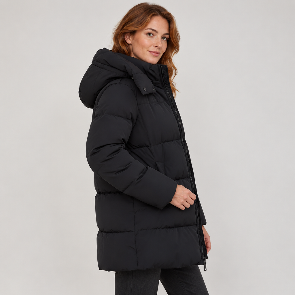 Amarante | Chic Black Puffer Jacket for Women with Longline Hooded Silhouette