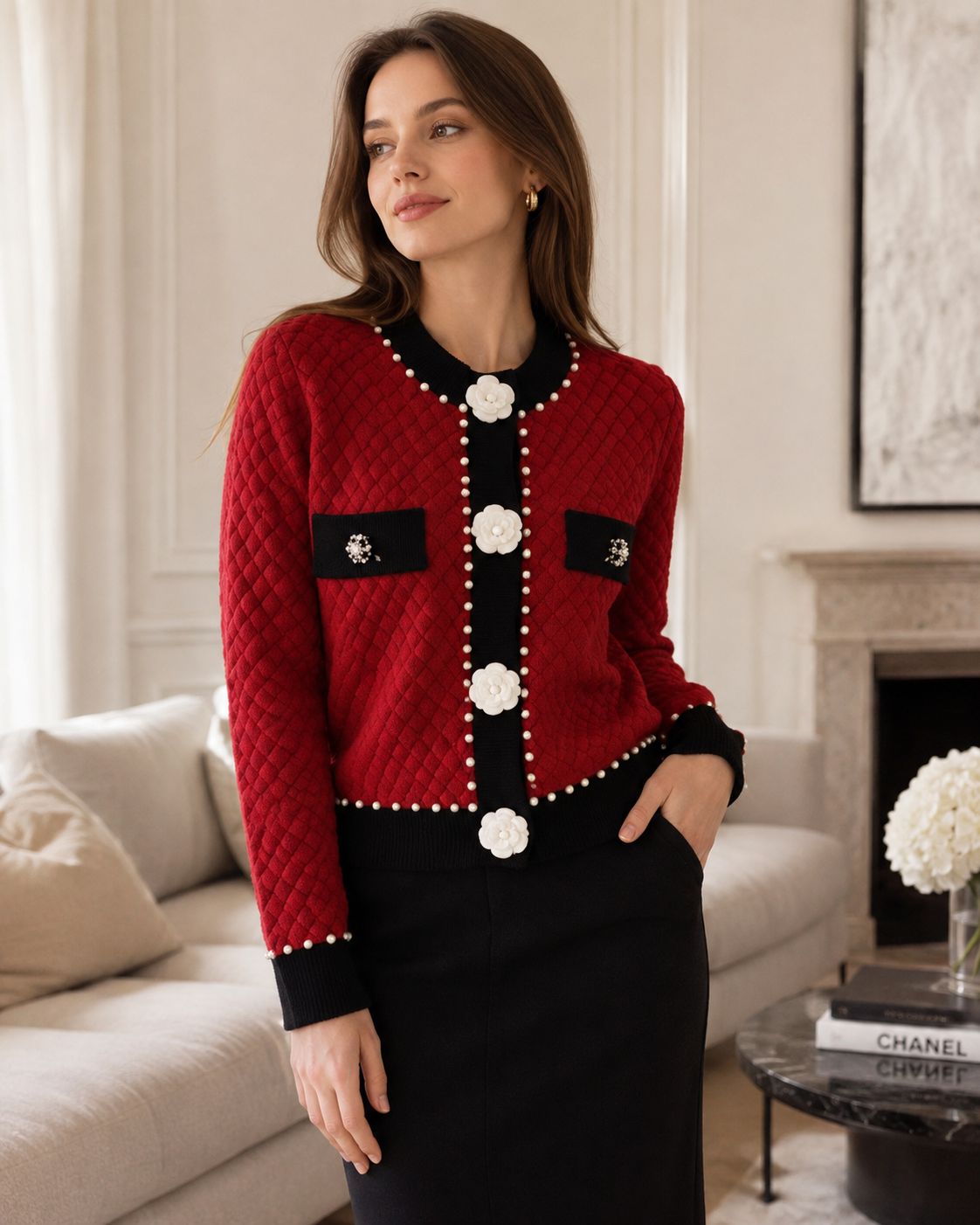 Odalys – Pearl-Adorned Cardigan with Decorative Pockets