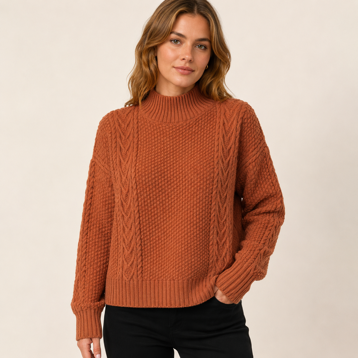 Margot – Women's Rust Red High-Neck Cable Knit Jumper