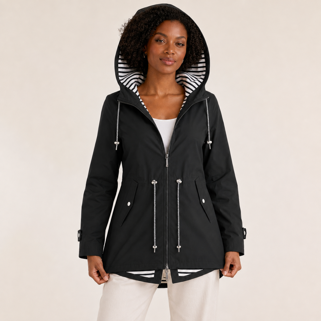 Amara | Waterproof Jacket with Hood and Striped Lining