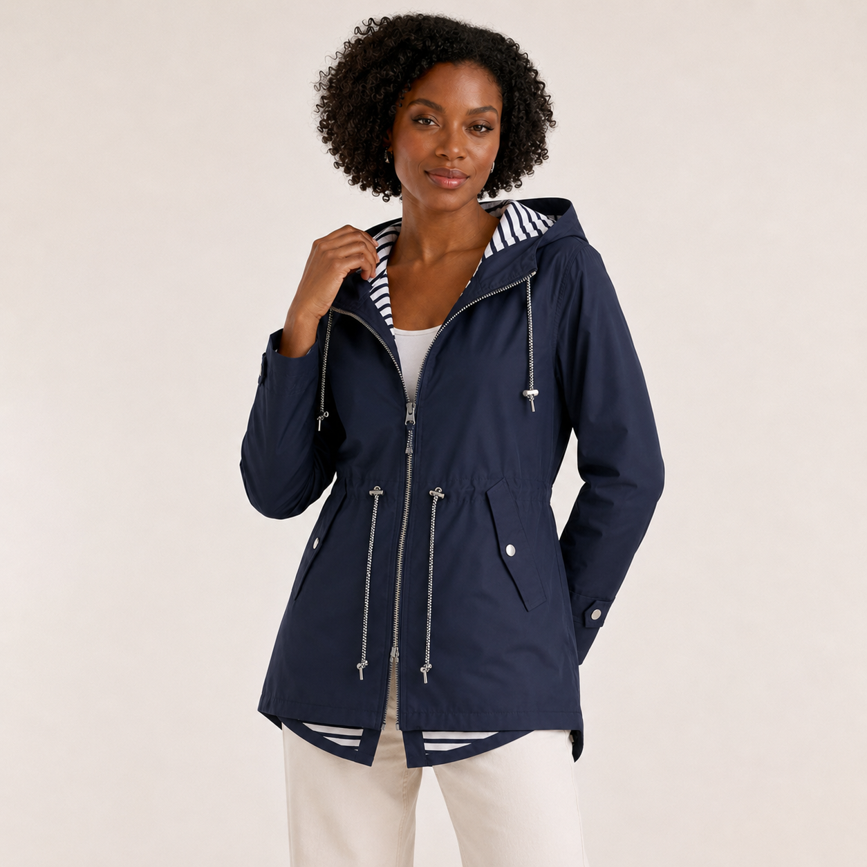 Amara | Waterproof Jacket with Hood and Striped Lining