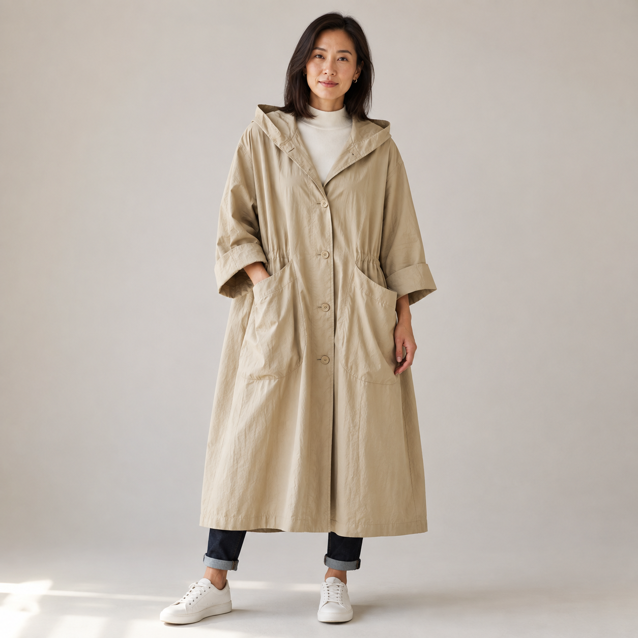 Coralie | Long Waterproof Rain Coat with Hood and Pockets
