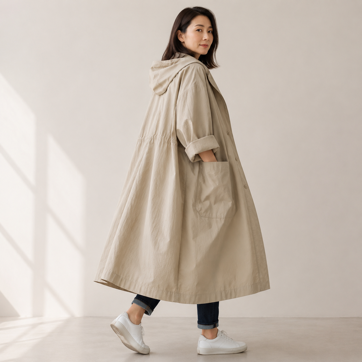 Coralie | Long Waterproof Rain Coat with Hood and Pockets