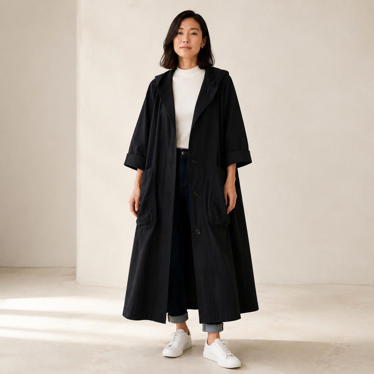 Coralie | Long Waterproof Rain Coat with Hood and Pockets