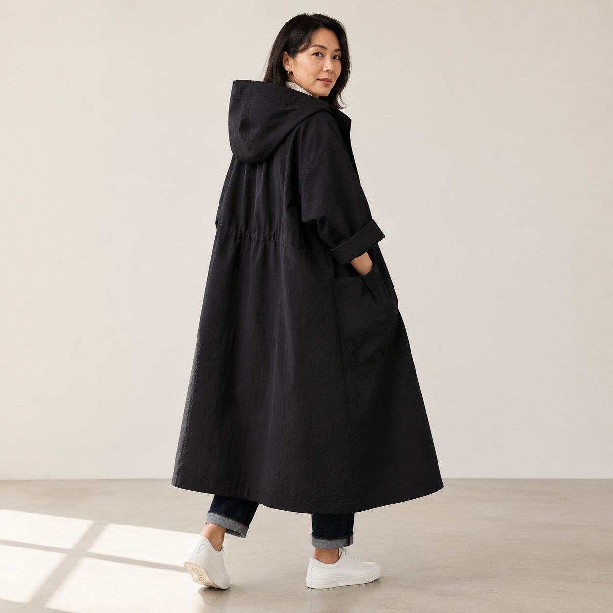 Coralie | Long Waterproof Rain Coat with Hood and Pockets