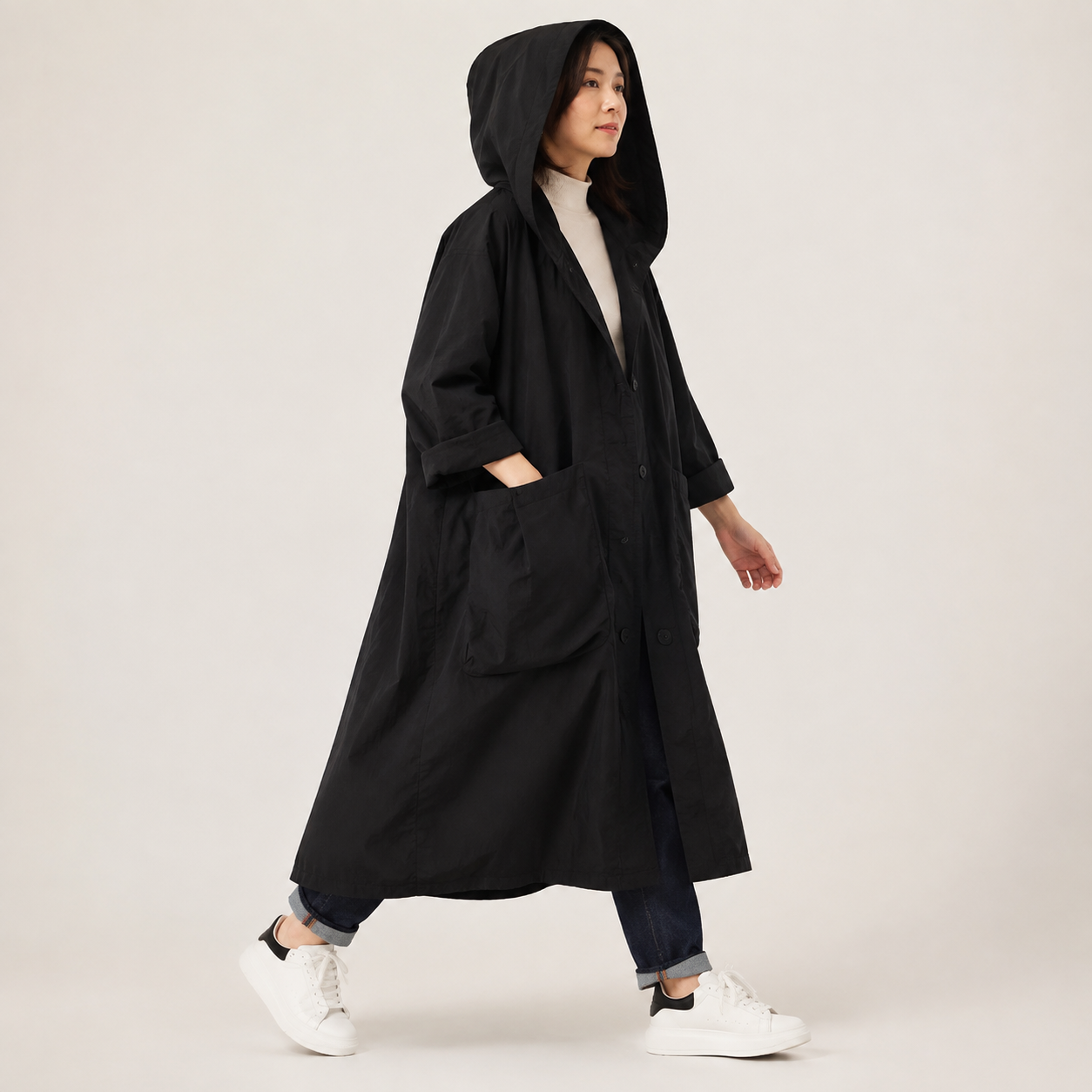 Coralie | Long Waterproof Rain Coat with Hood and Pockets