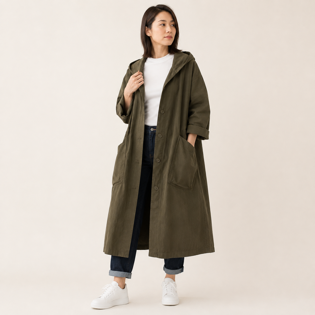 Coralie | Long Waterproof Rain Coat with Hood and Pockets