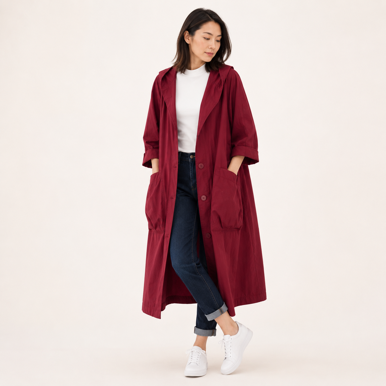 Coralie | Long Waterproof Rain Coat with Hood and Pockets