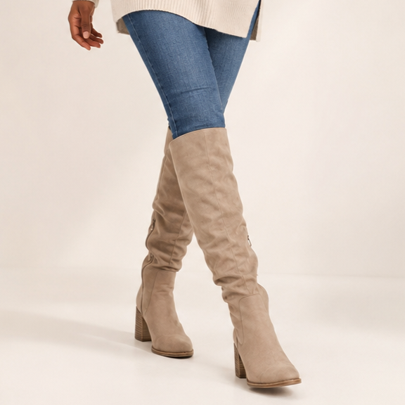 Theodora | Suede-Effect Over-the-Knee Block Heel Boots