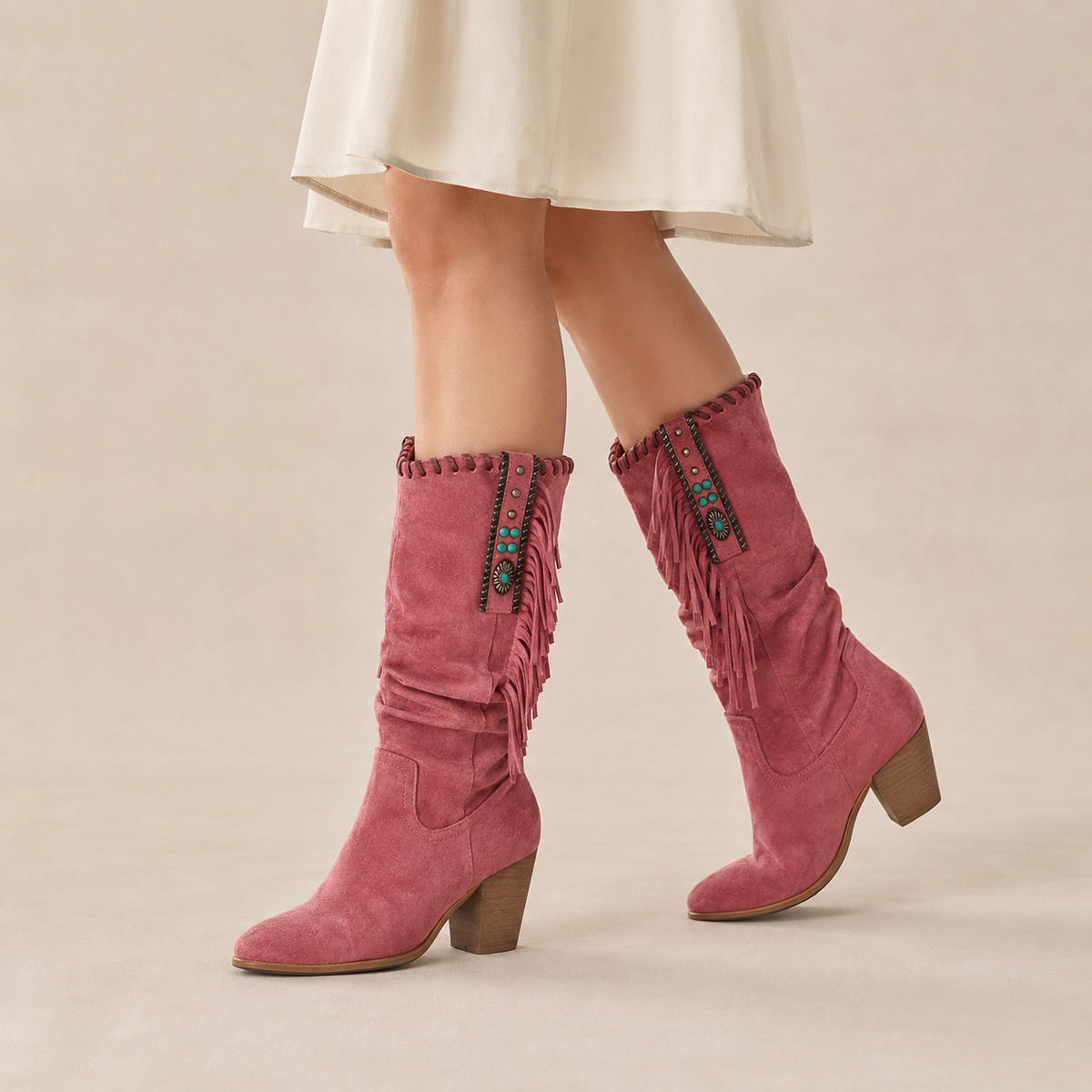 Wilhelmina | Western Fringe Faux Suede Knee High Boots with Block Heel