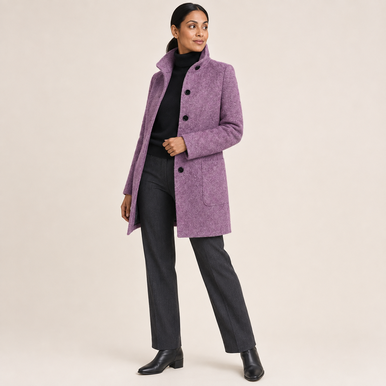 Josette | Women's Wool-Polyester Blend Coat with Round Neckline