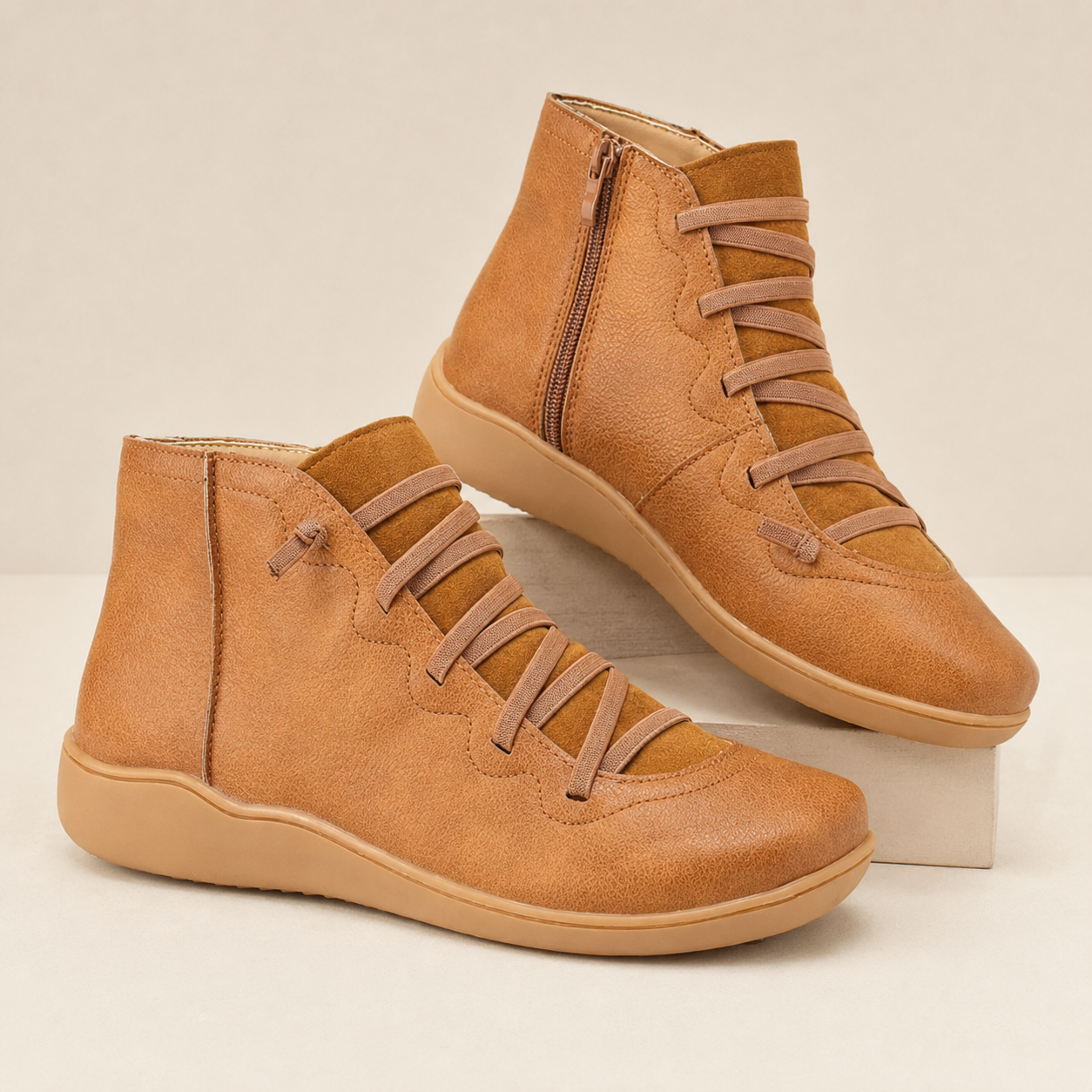 Cordelia | Flat Lace-Up Side-Zip Faux Leather Ankle Boots