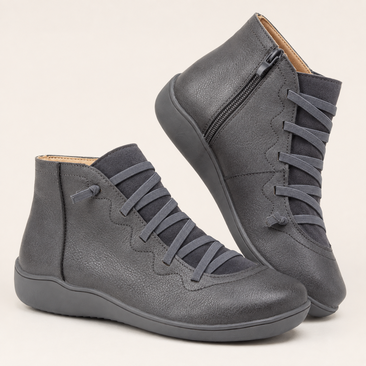 Cordelia | Flat Lace-Up Side-Zip Faux Leather Ankle Boots