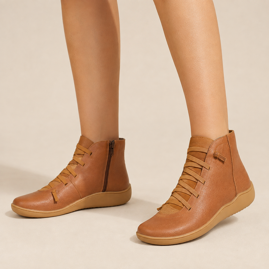 Cordelia | Flat Lace-Up Side-Zip Faux Leather Ankle Boots