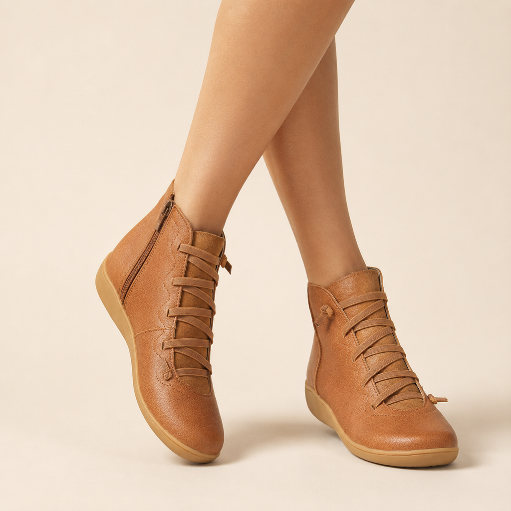Cordelia | Flat Lace-Up Side-Zip Faux Leather Ankle Boots