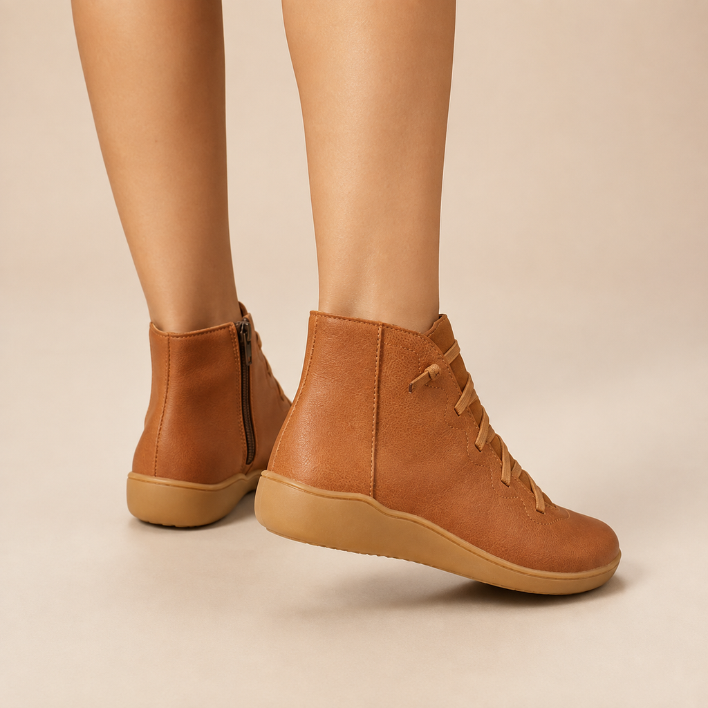 Cordelia | Flat Lace-Up Side-Zip Faux Leather Ankle Boots