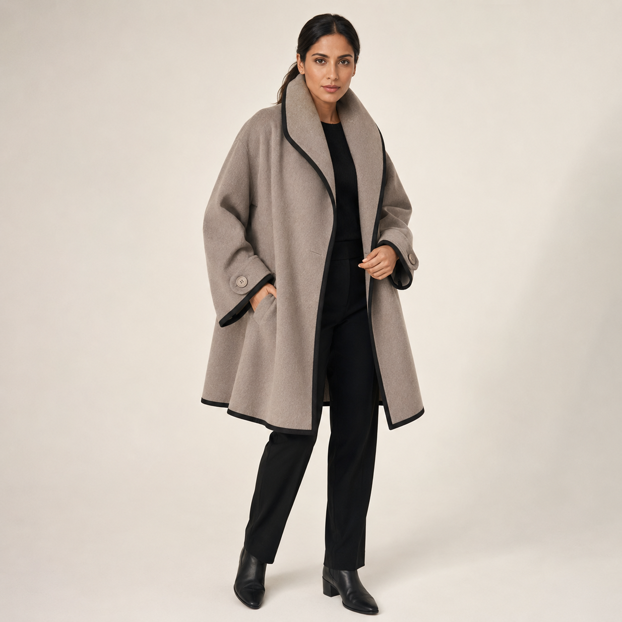 Margot | Oversized Wool-Blend Swing Coat with Contrast Trim