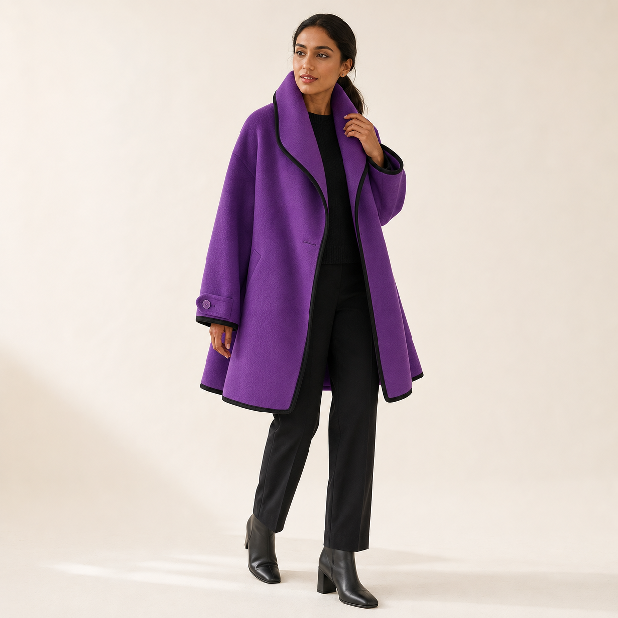 Margot | Oversized Wool-Blend Swing Coat with Contrast Trim