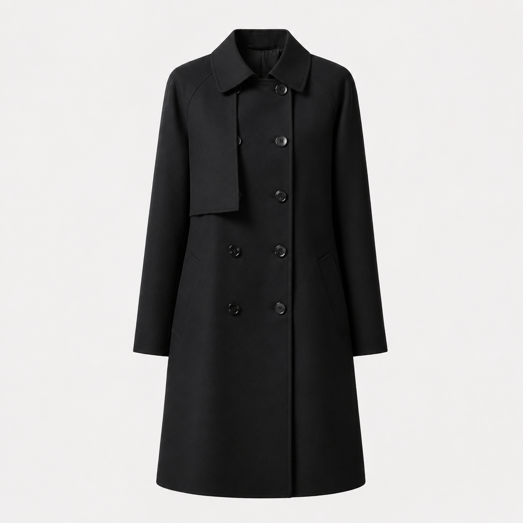 Eleanor | Black Mid-Length Wool-Blend Double-Breasted Trench Coat