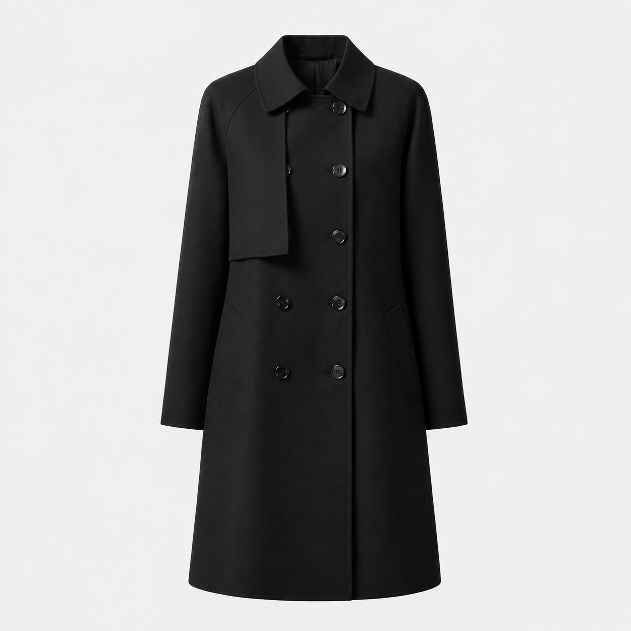 Eleanor | Black Mid-Length Wool-Blend Double-Breasted Trench Coat