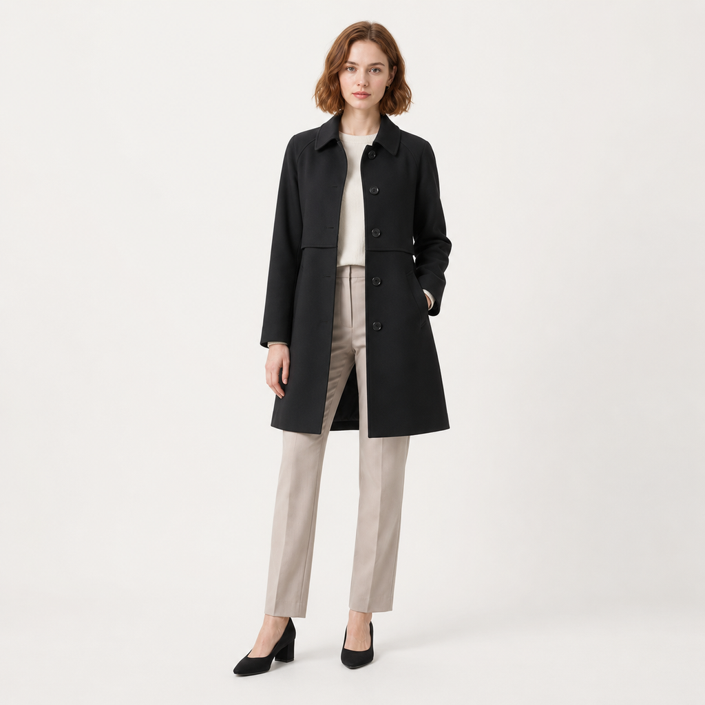 Eleanor | Black Mid-Length Wool-Blend Double-Breasted Trench Coat