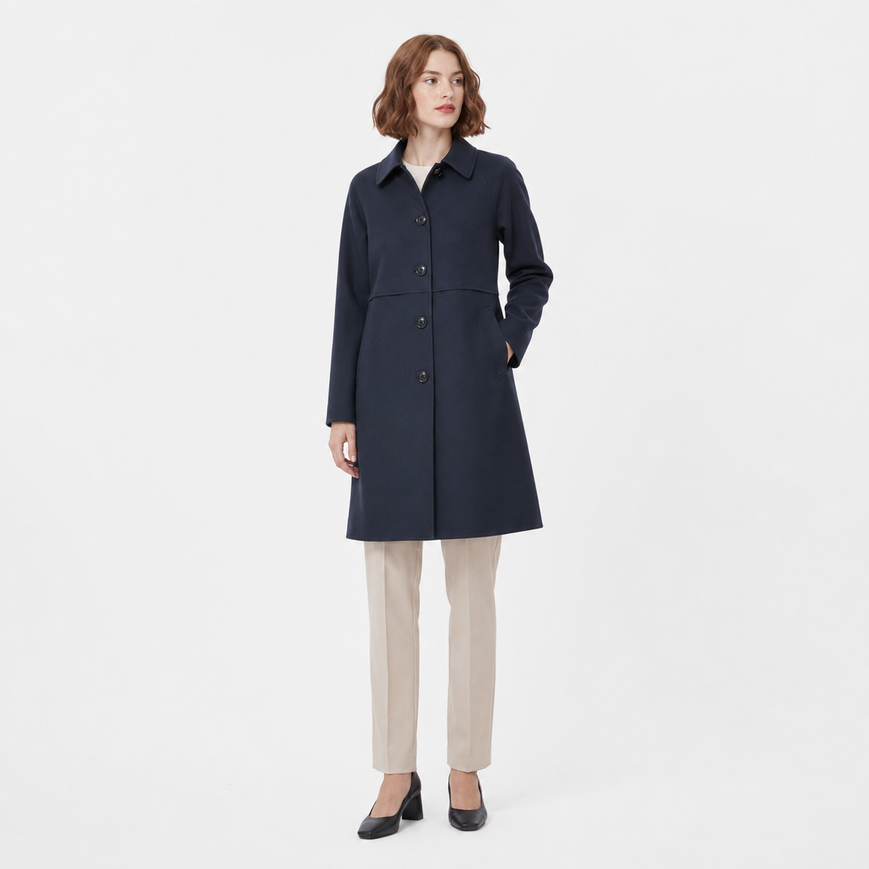 Eleanor | Black Mid-Length Wool-Blend Double-Breasted Trench Coat
