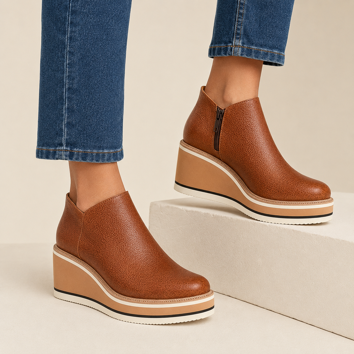 Odalys | Platform Wedge Zip-Up Faux Leather Ankle Boots