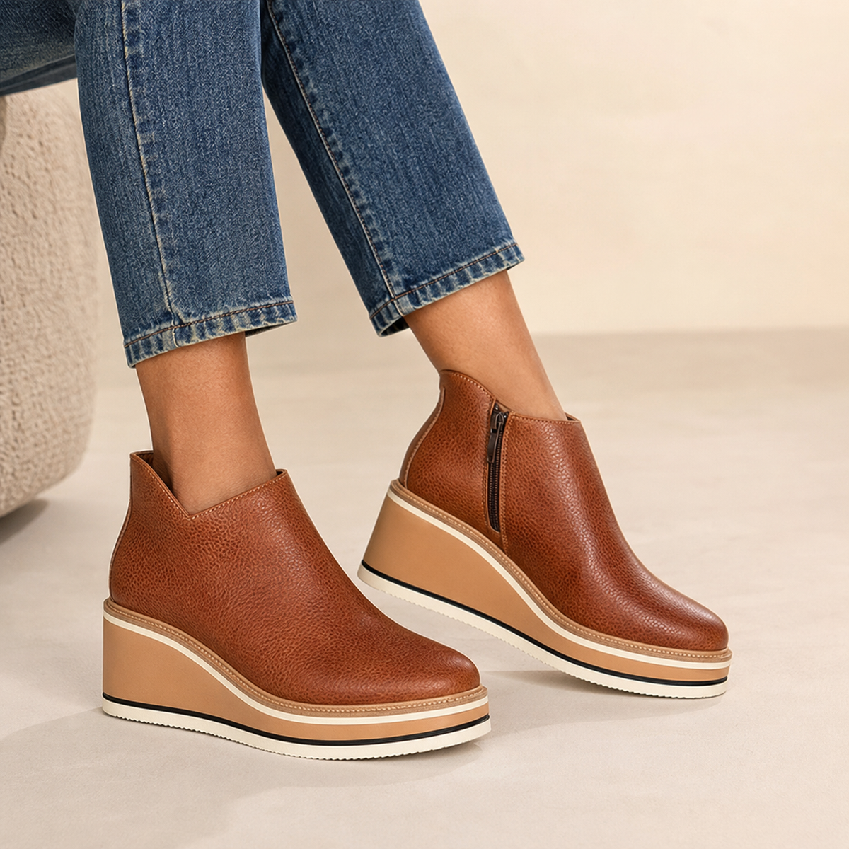 Odalys | Platform Wedge Zip-Up Faux Leather Ankle Boots