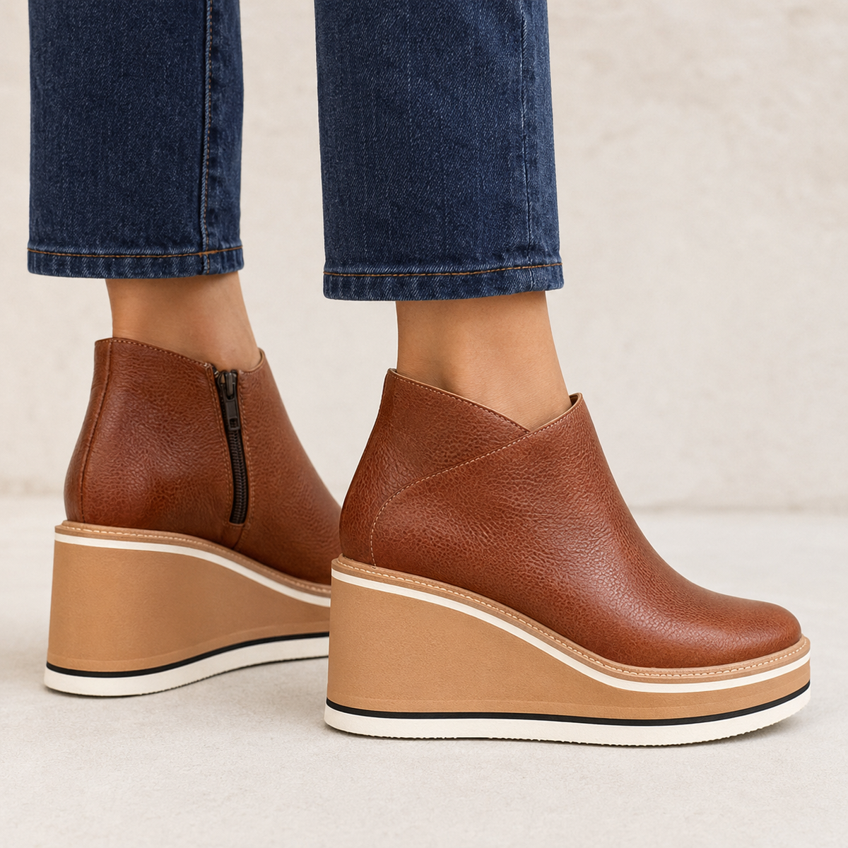 Odalys | Platform Wedge Zip-Up Faux Leather Ankle Boots