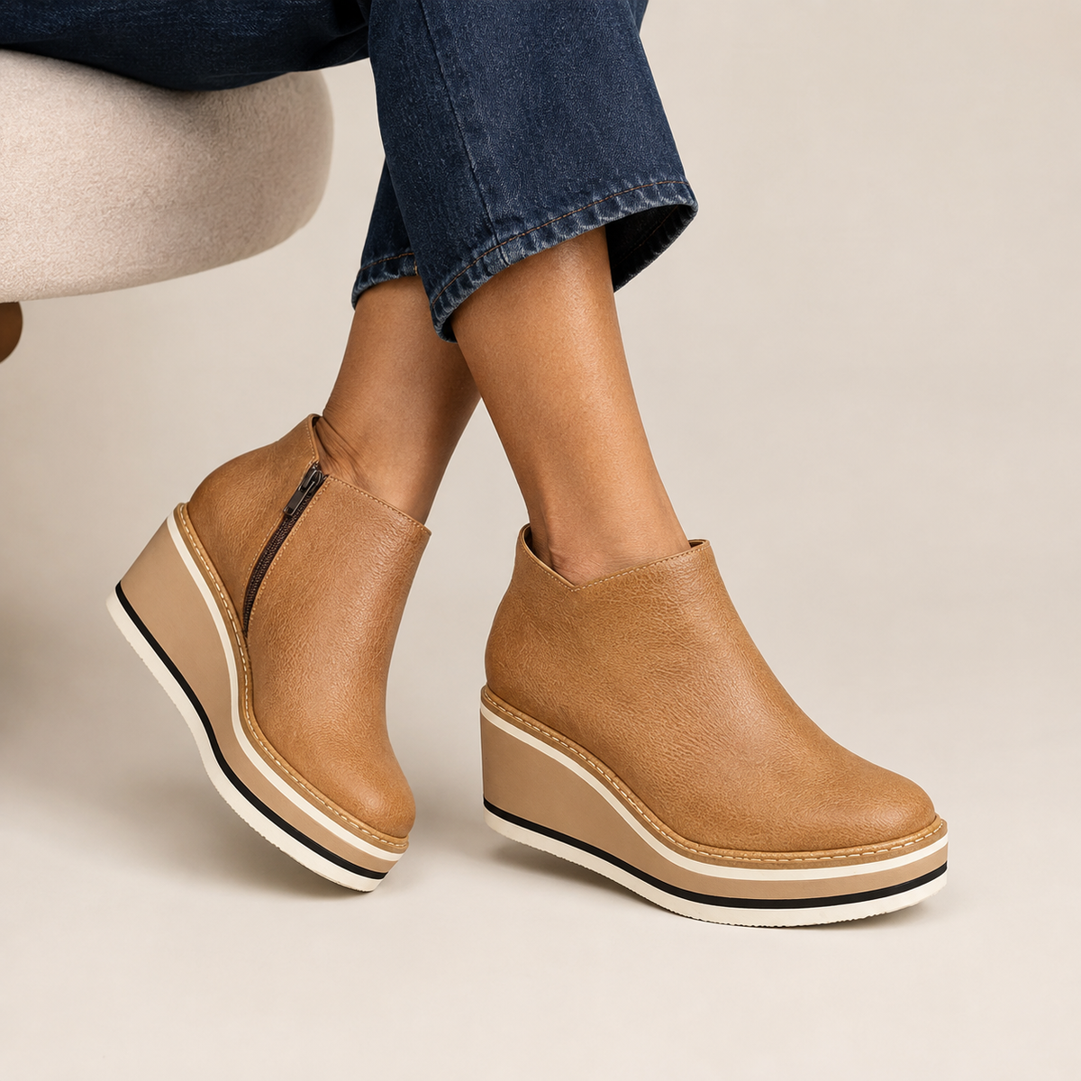 Odalys | Platform Wedge Zip-Up Faux Leather Ankle Boots