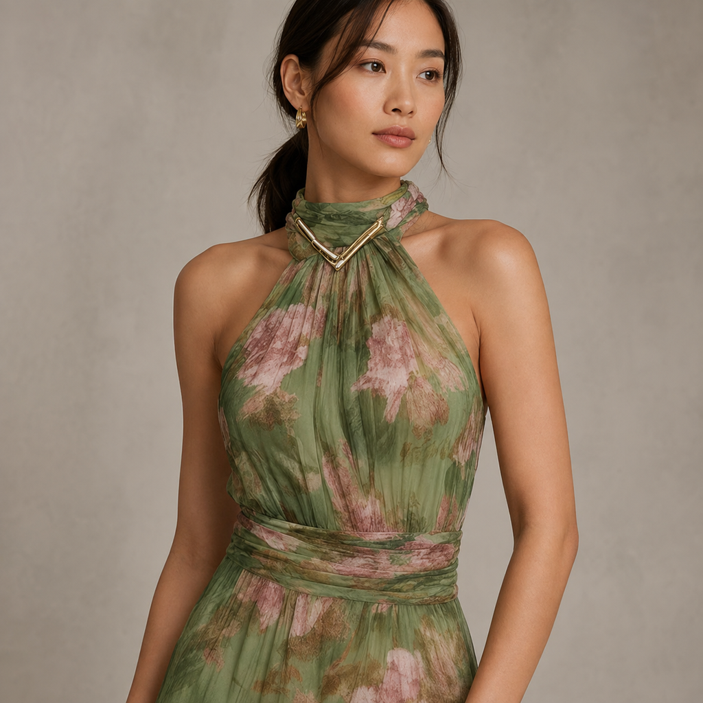 Anais | Floral Halterneck Chiffon Midi Dress