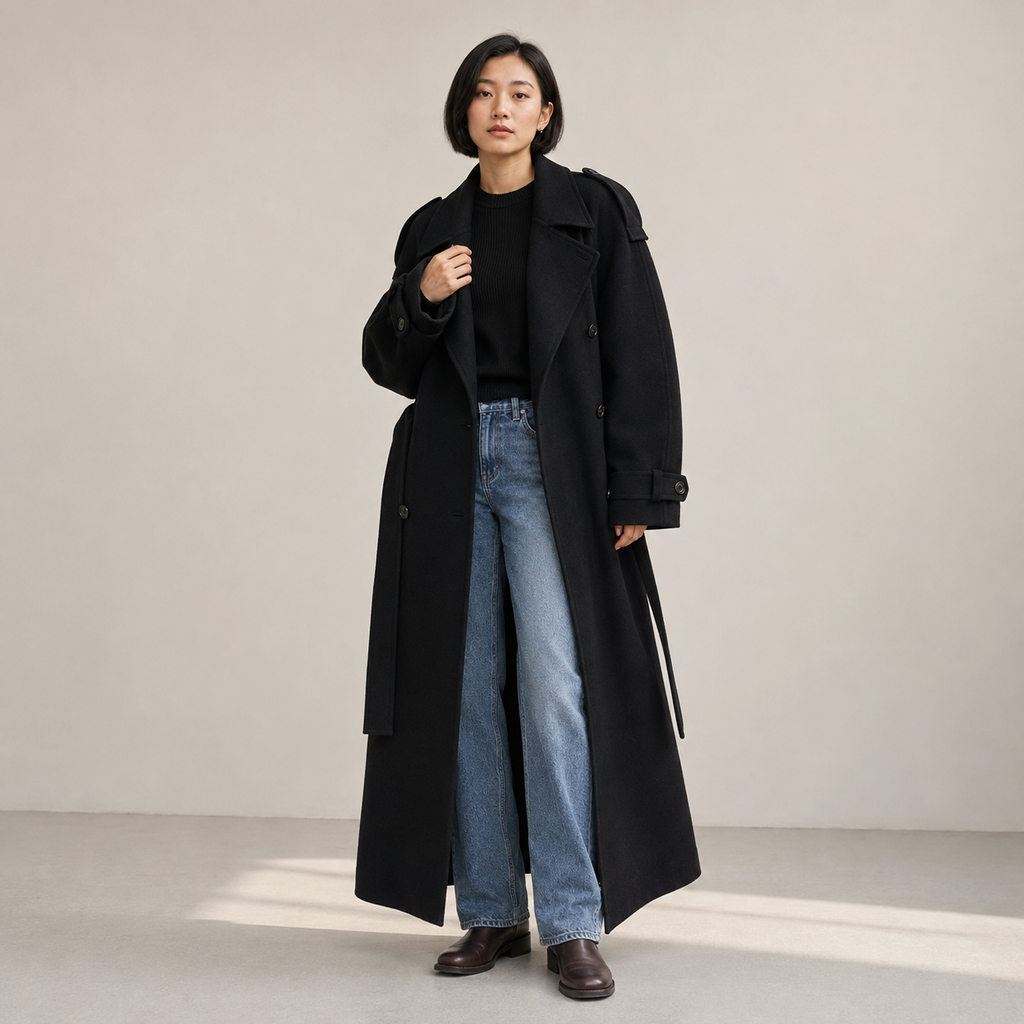 Seraphina | Black Double-Breasted Long Trench Coat