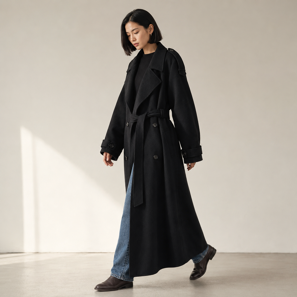 Seraphina | Black Double-Breasted Long Trench Coat
