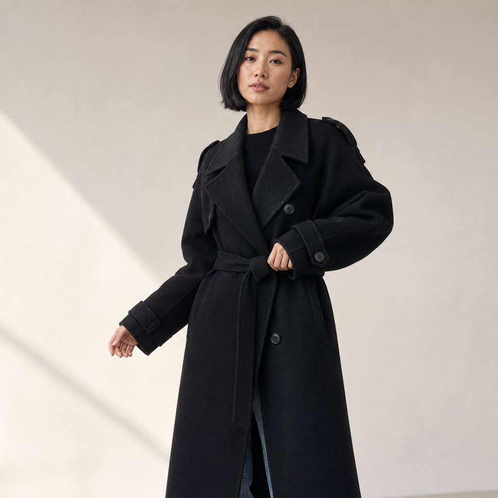 Seraphina | Black Double-Breasted Long Trench Coat