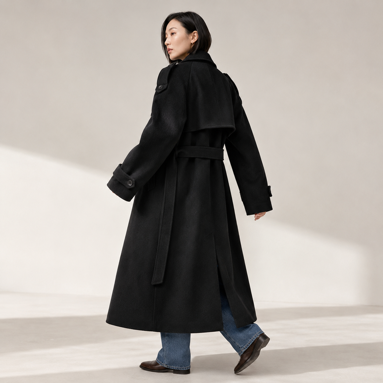 Seraphina | Black Double-Breasted Long Trench Coat