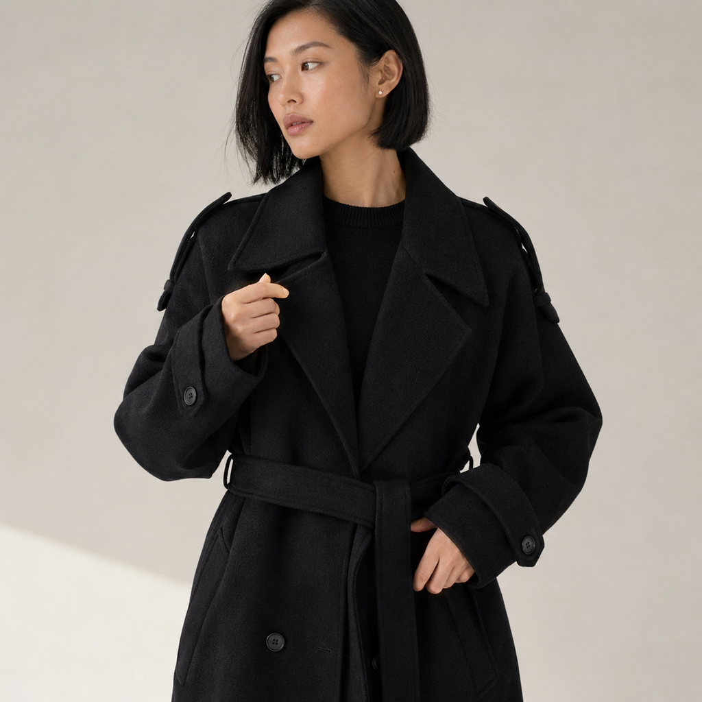 Seraphina | Black Double-Breasted Long Trench Coat