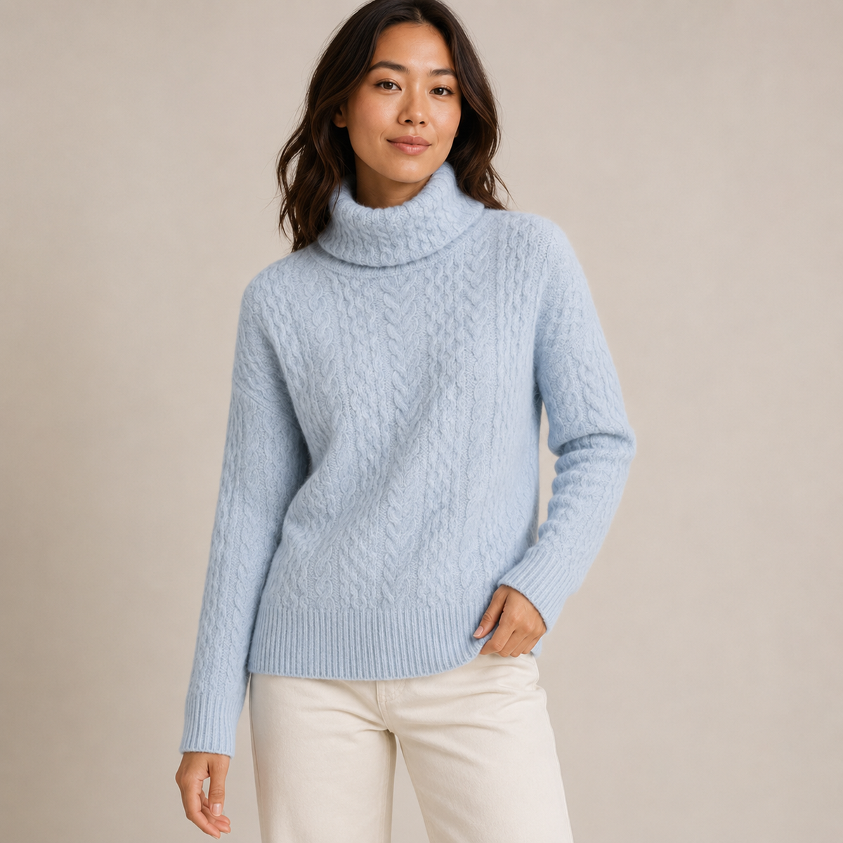 Marisela | Black Turtleneck Sweater with Chunky Cable Knit Texture