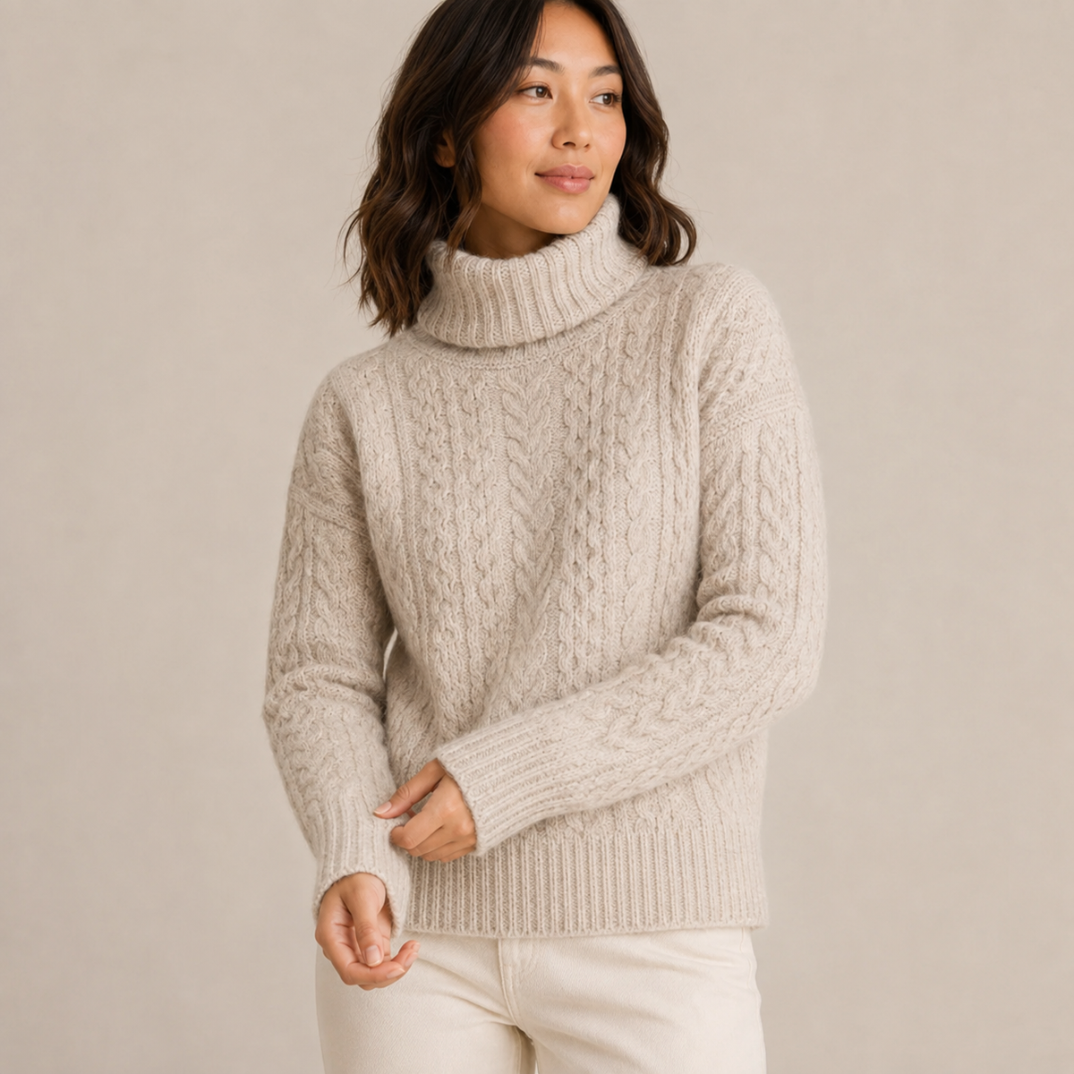 Marisela | Black Turtleneck Sweater with Chunky Cable Knit Texture
