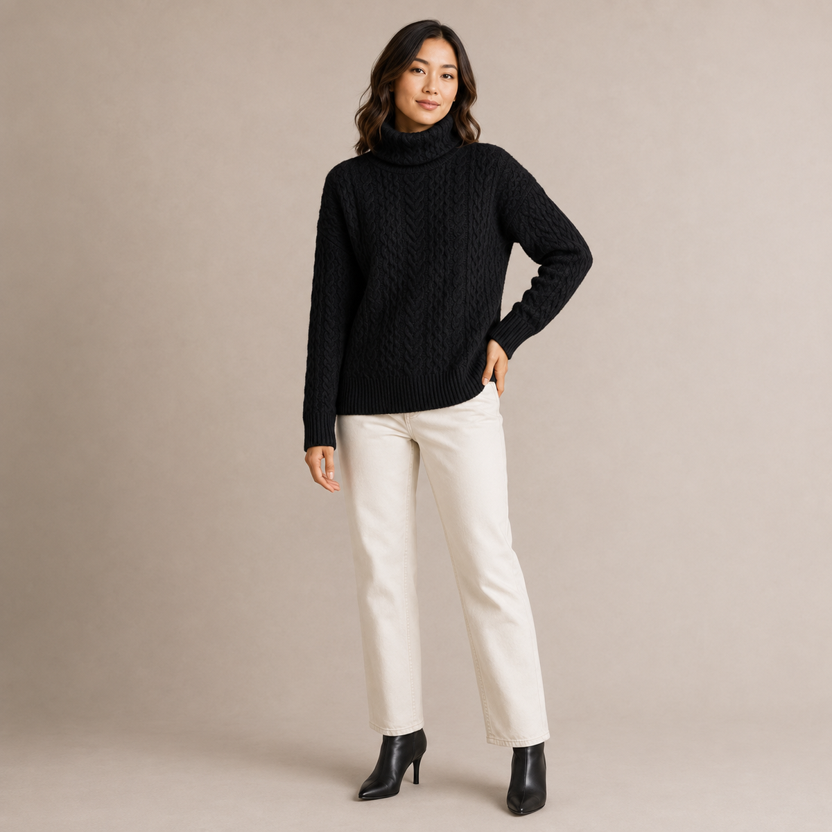 Marisela | Black Turtleneck Sweater with Chunky Cable Knit Texture