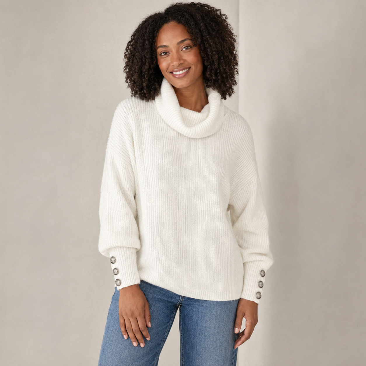 Eloise | White Polo Neck Jumper with Button Sleeve Detail