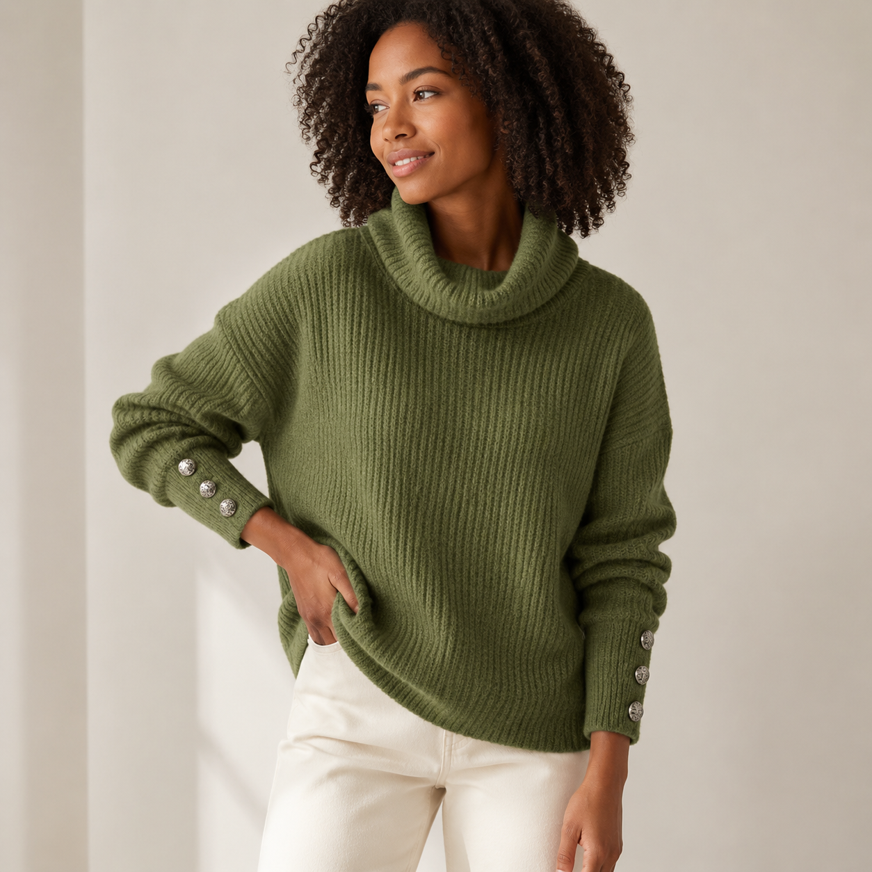 Eloise | White Polo Neck Jumper with Button Sleeve Detail