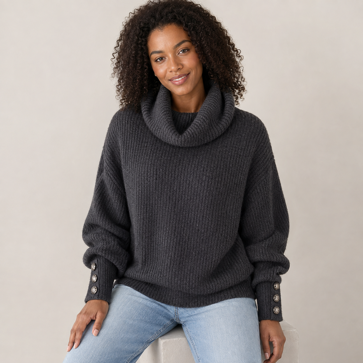 Eloise | White Polo Neck Jumper with Button Sleeve Detail