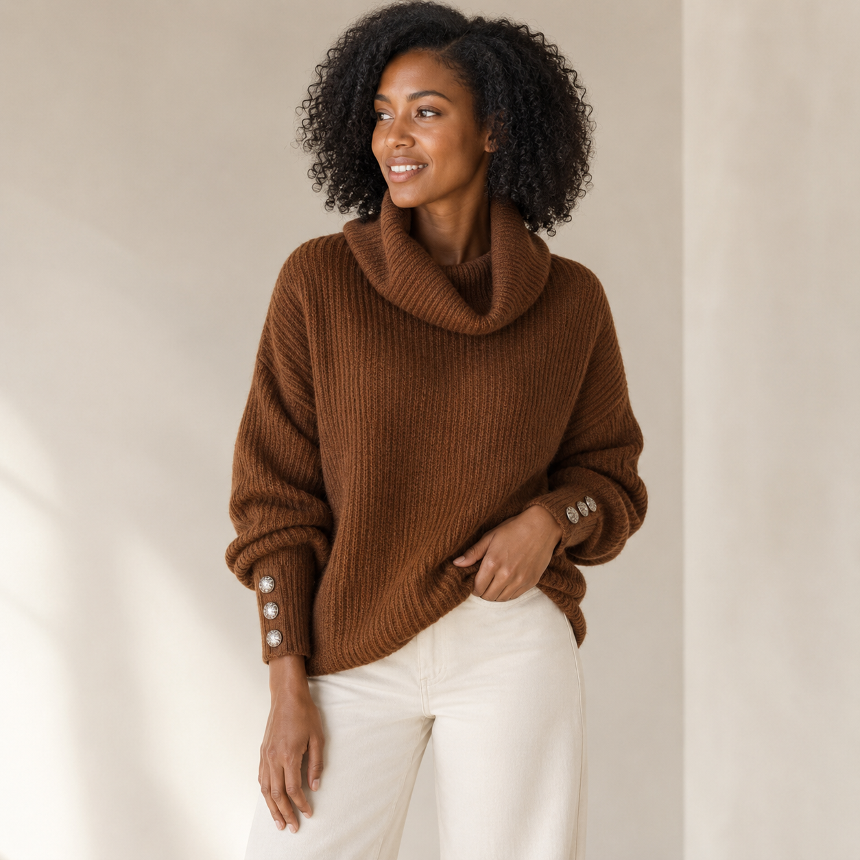 Eloise | White Polo Neck Jumper with Button Sleeve Detail