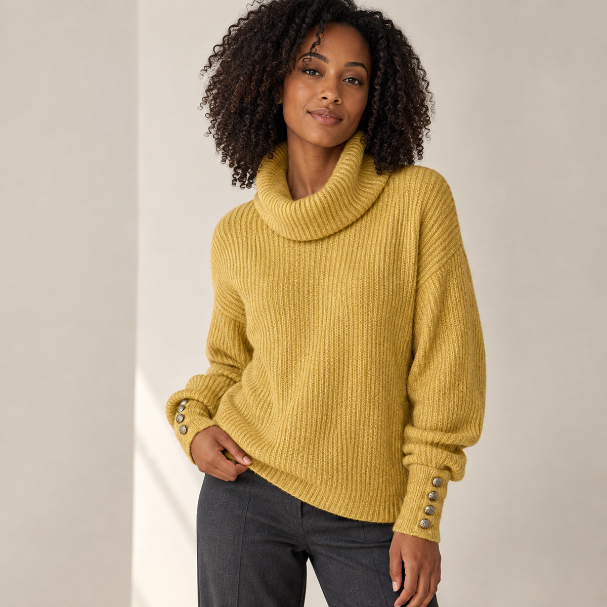 Eloise | White Polo Neck Jumper with Button Sleeve Detail