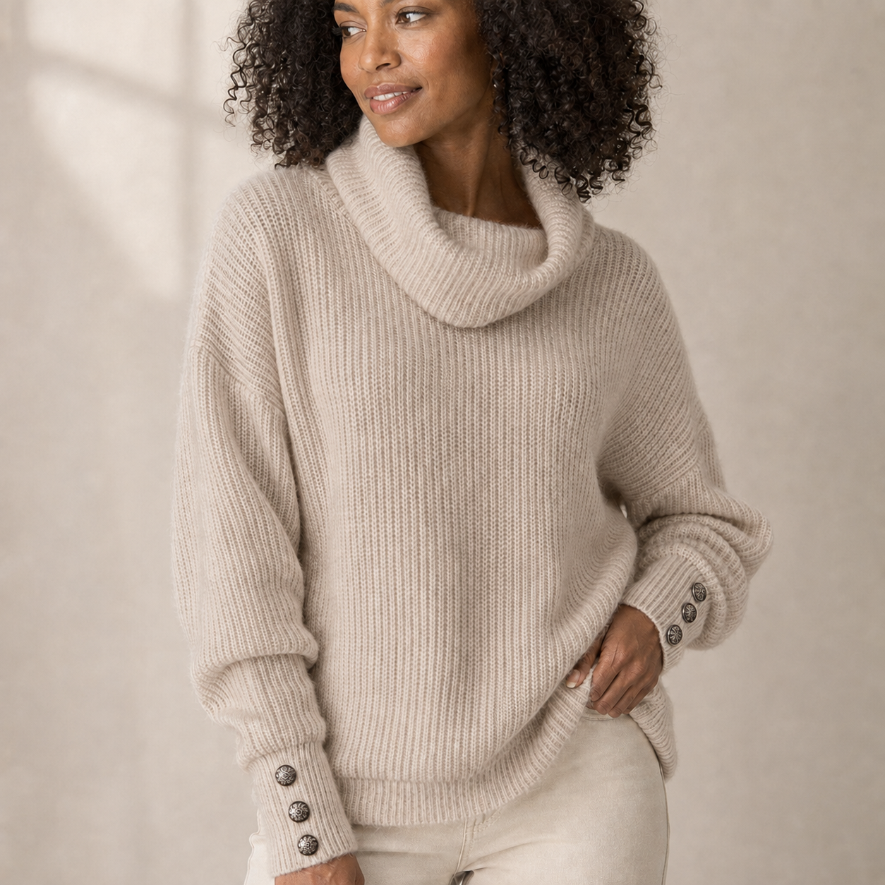Eloise | White Polo Neck Jumper with Button Sleeve Detail