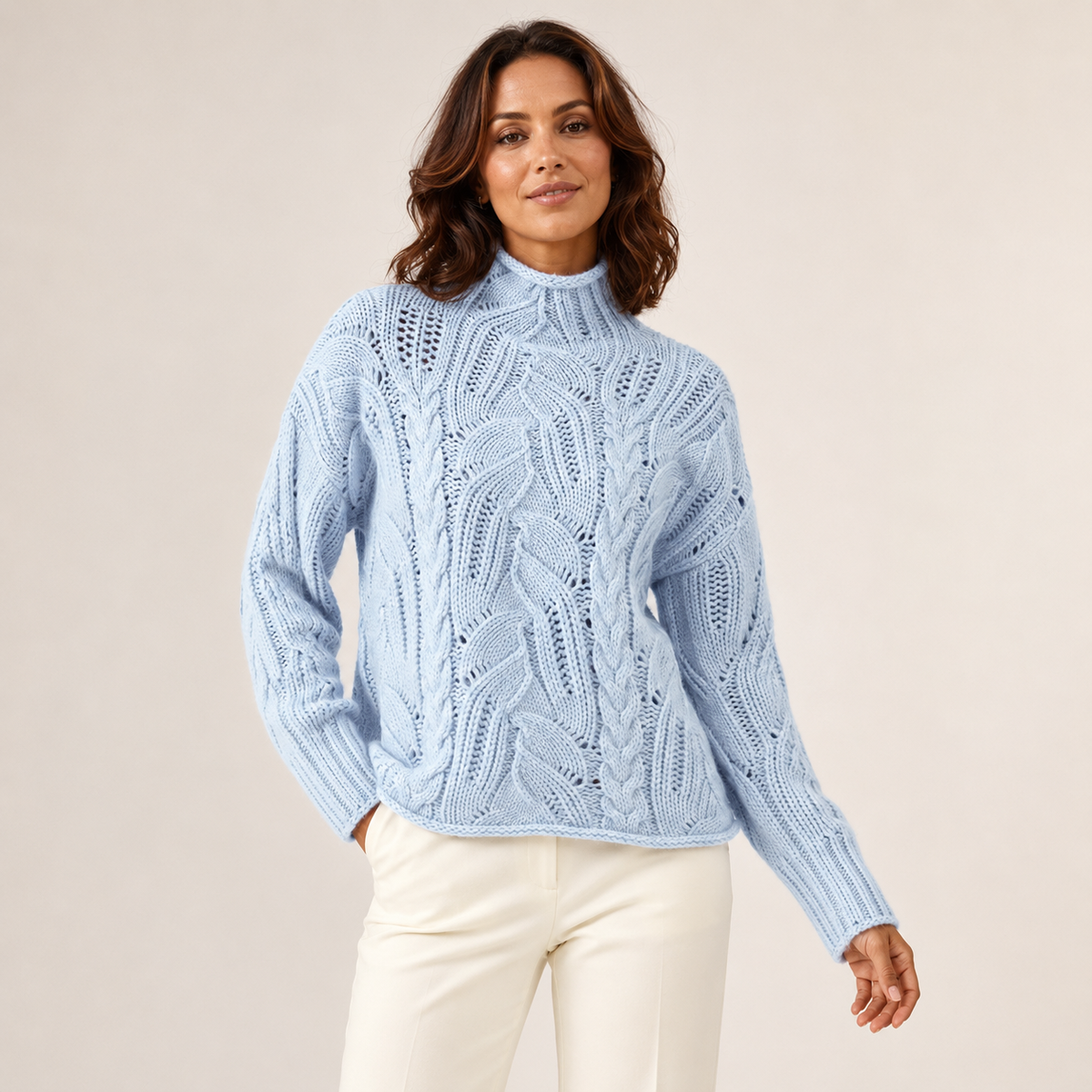 Lucienne | Beige Polo Neck Jumper with Cable Knit Texture