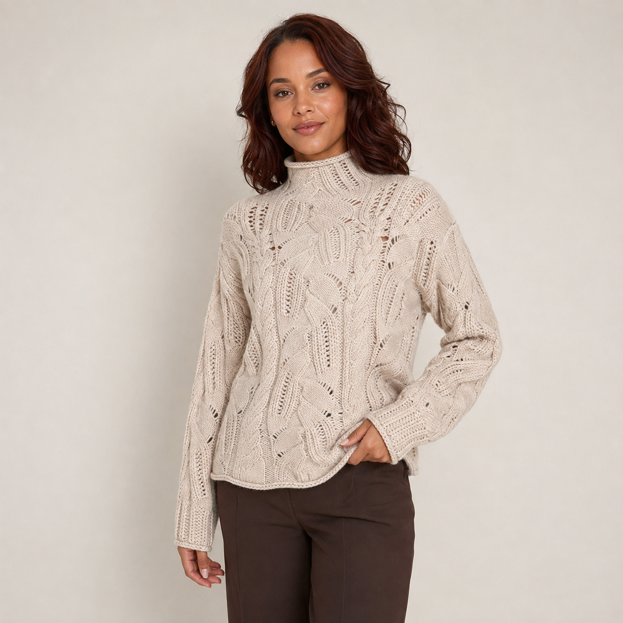 Lucienne | Beige Polo Neck Jumper with Cable Knit Texture