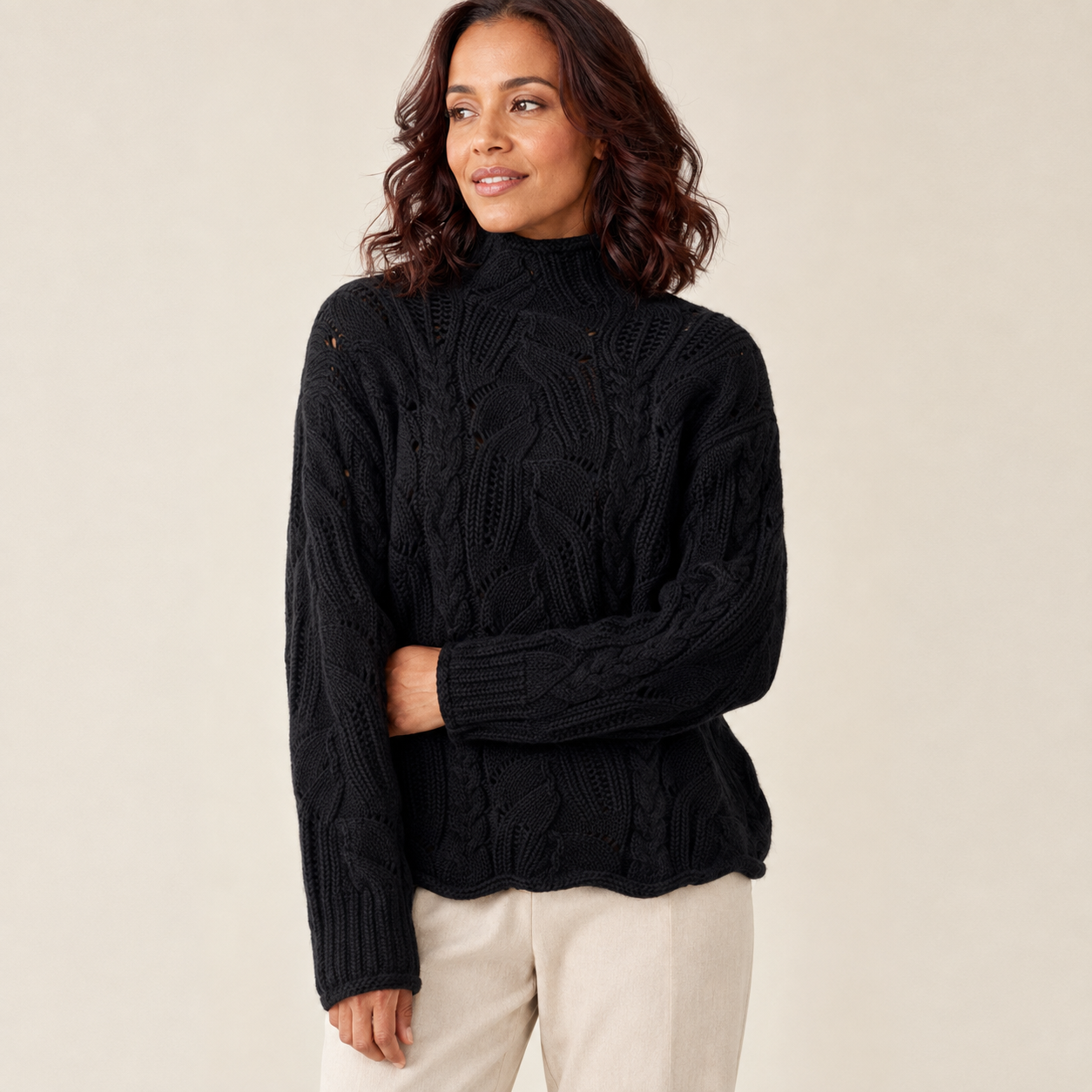 Lucienne | Beige Polo Neck Jumper with Cable Knit Texture