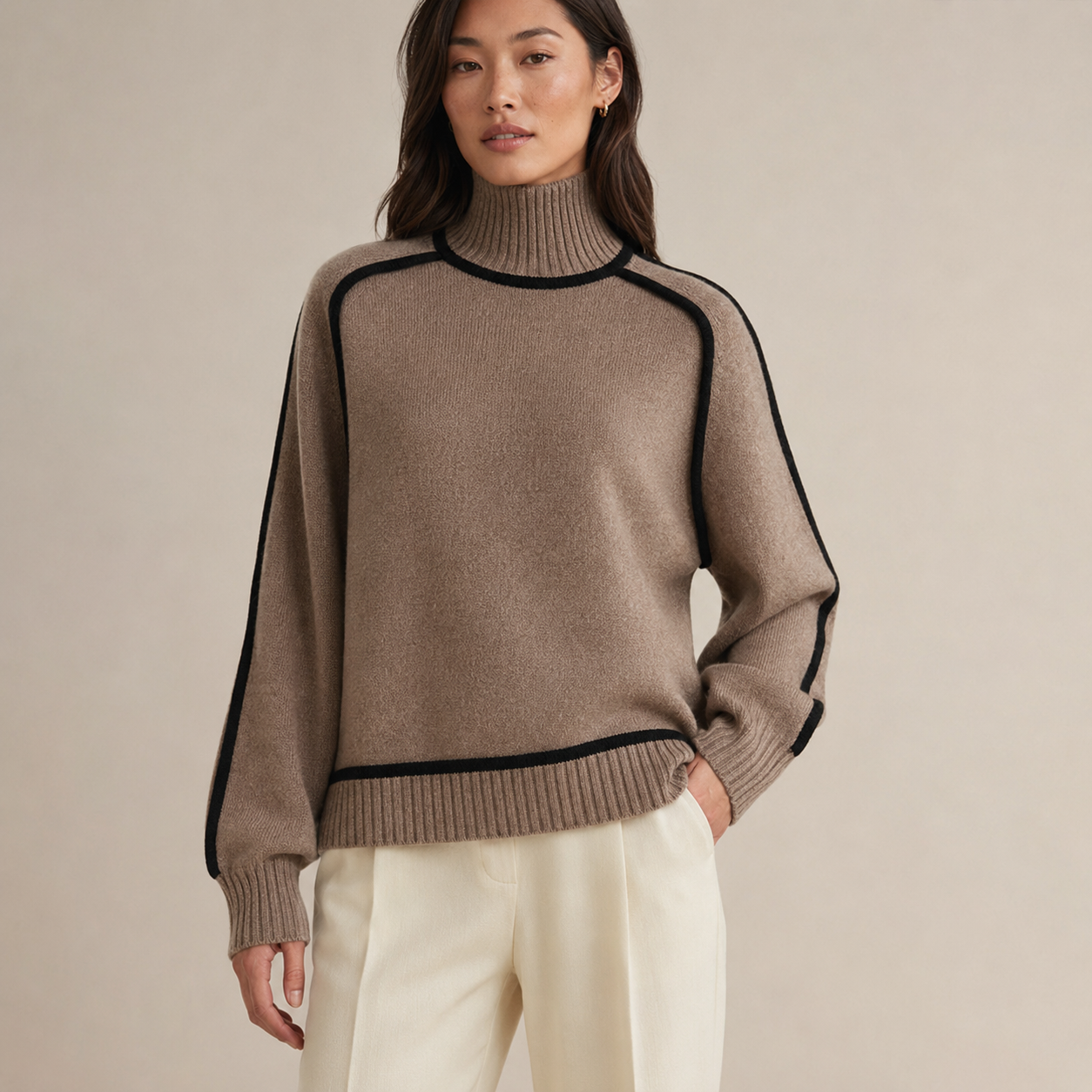 Solenne | Red Polo Neck Jumper with Contrast Stripe Detail