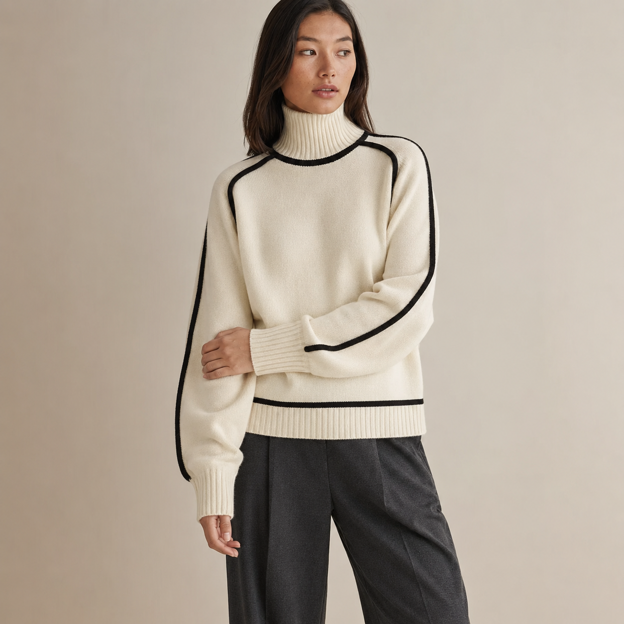 Solenne | Red Polo Neck Jumper with Contrast Stripe Detail